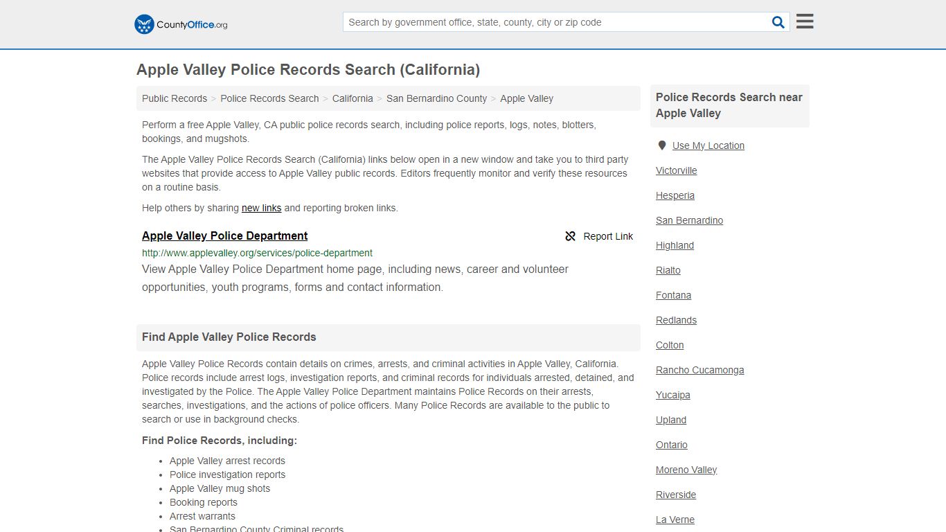 Apple Valley Police Records Search (California) - County Office